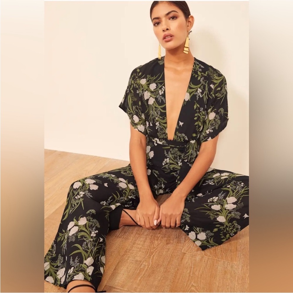 Reformation Black and Green Floral Jumpsuit